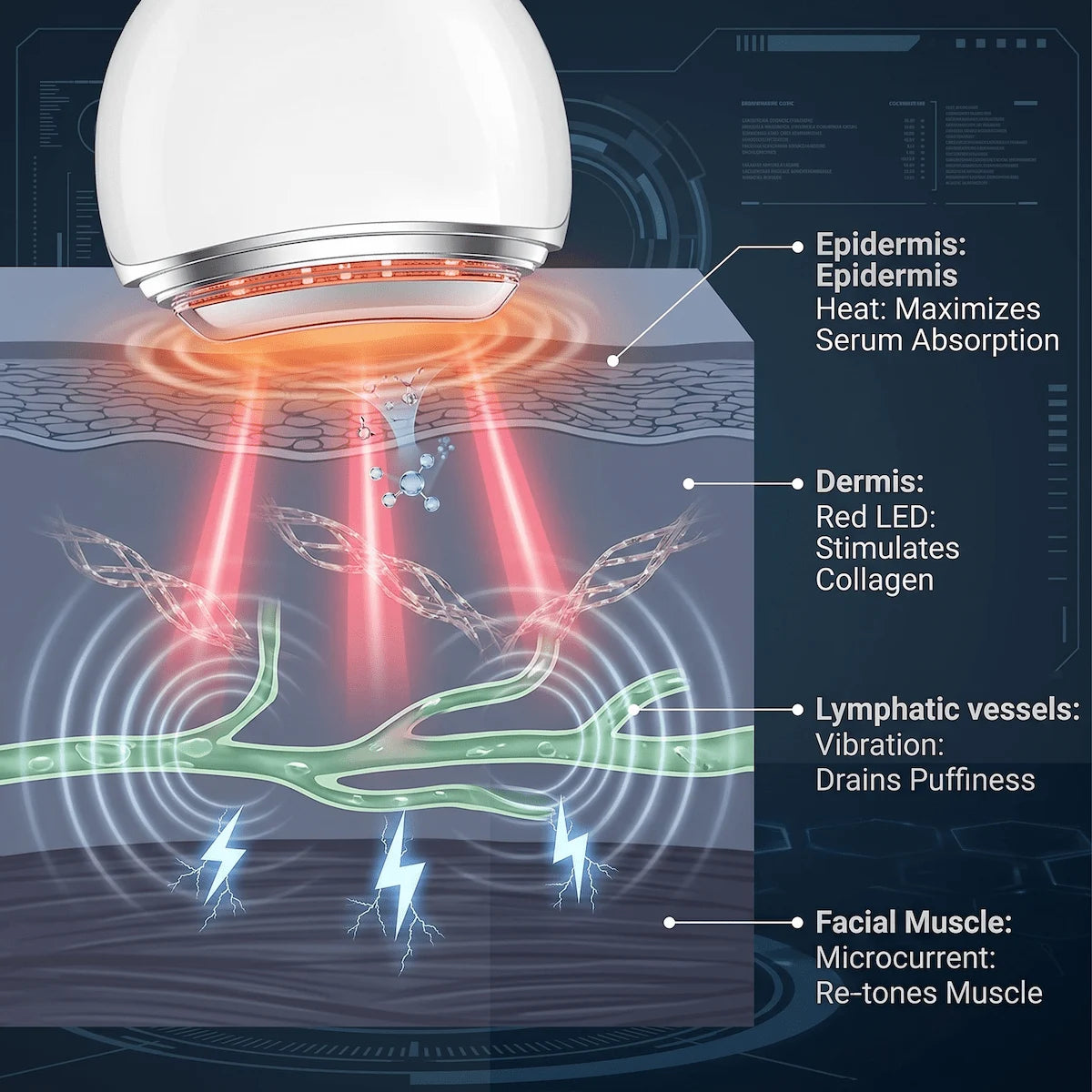 Four active technologies in REVITALIZE™ 4-in-1 electric gua sha — heat, microcurrent, vibration, and LED photobiomodulation mechanisms explained.