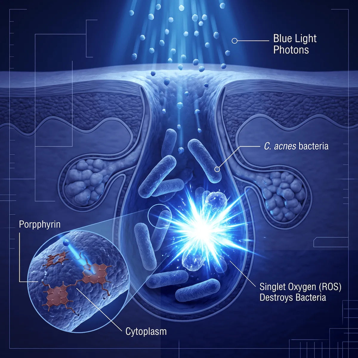 3D biological illustration showing 460nm blue light reacting with porphyrins to destroy acne-causing bacteria without antibiotics.