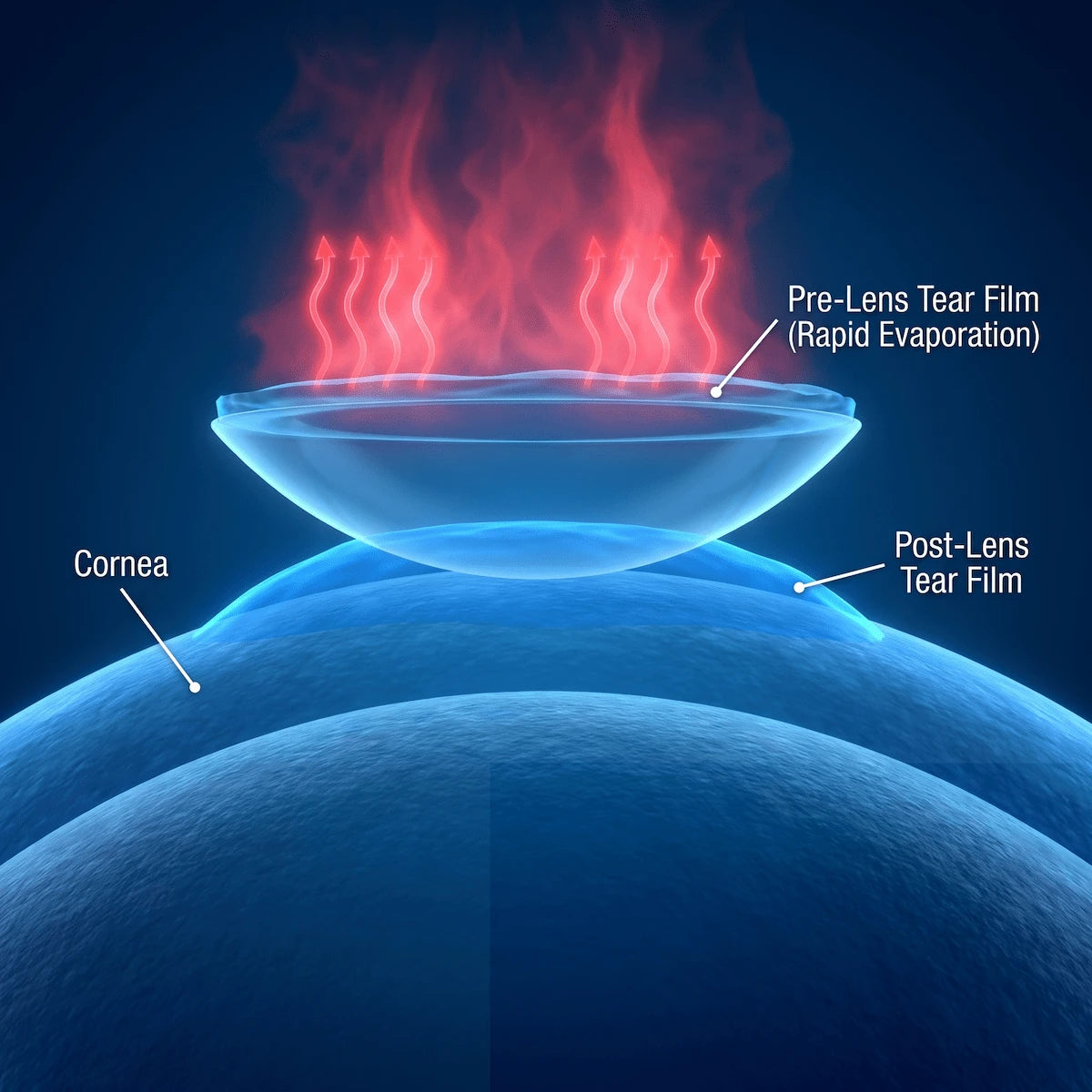 3D illustration showing how a contact lens splits the natural tear film, causing rapid evaporation and dry eye syndrome.
