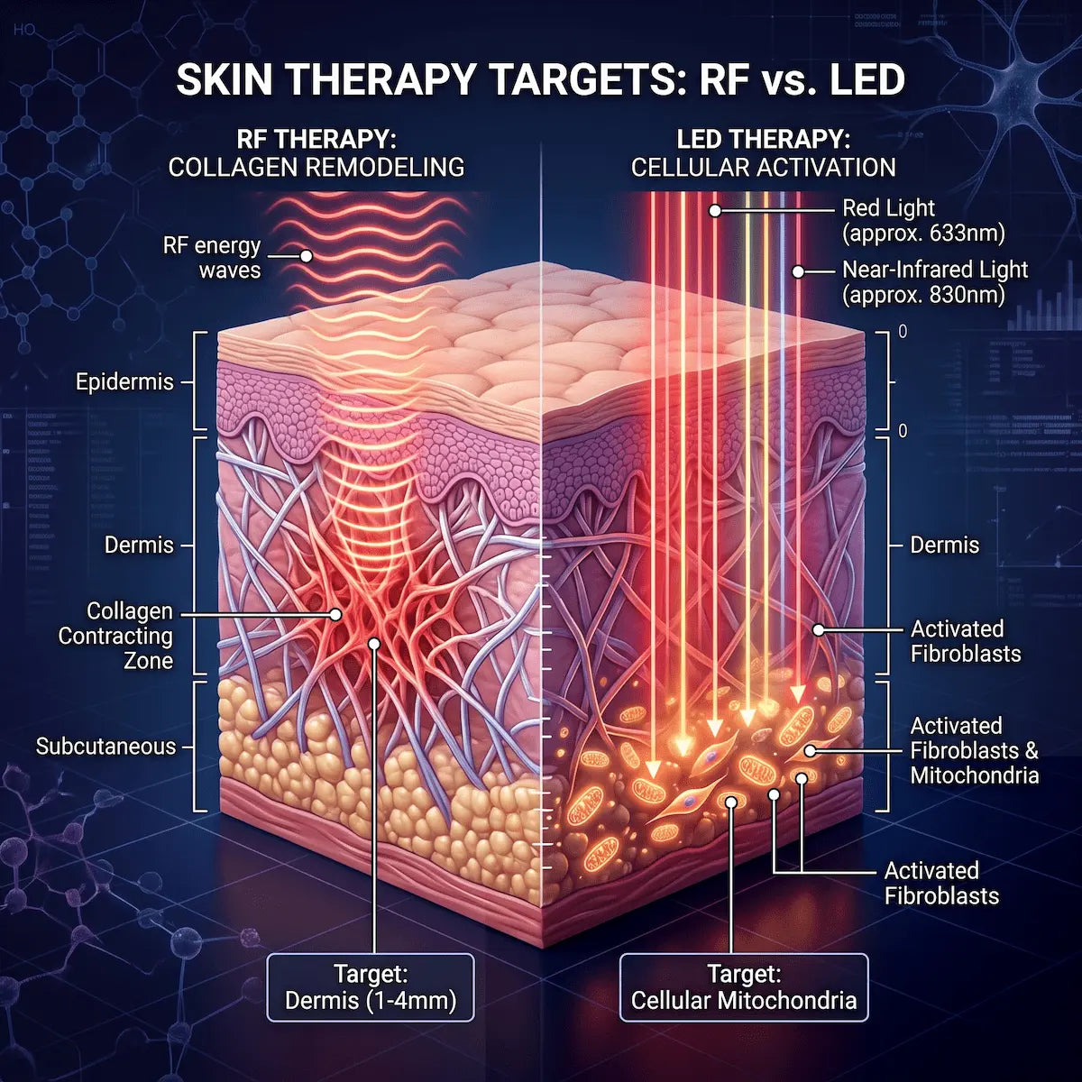 3D skin cross-section showing RF energy heating the dermis and LED light penetrating to stimulate cellular mitochondria.