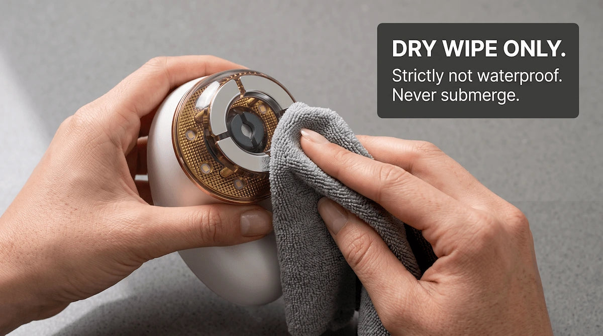Close-up of a person cleaning the non-waterproof ELEVAURE facial device with a dry microfiber cloth to maintain its electronics.