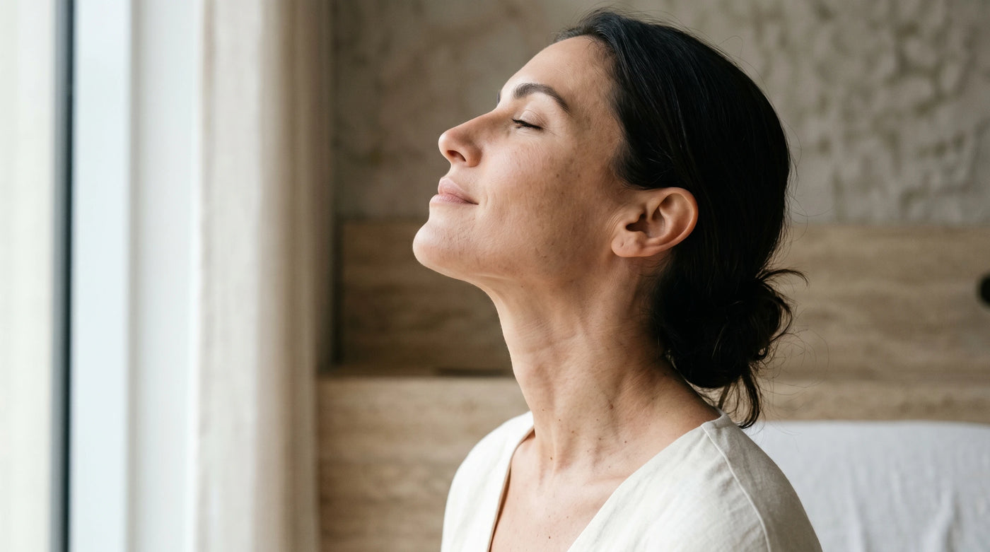 A confident woman displaying elegant neck and jawline contours with unretouched, natural skin texture, representing how to get rid of tech neck lines without surgery using ELEVAURE RF skin tightening technology.
