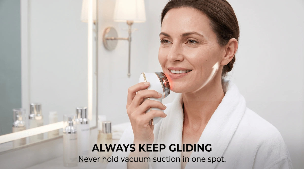 A woman correctly gliding the 4-in-1 EMS face massager upwards along her jawline, demonstrating the proper technique to prevent bruising.