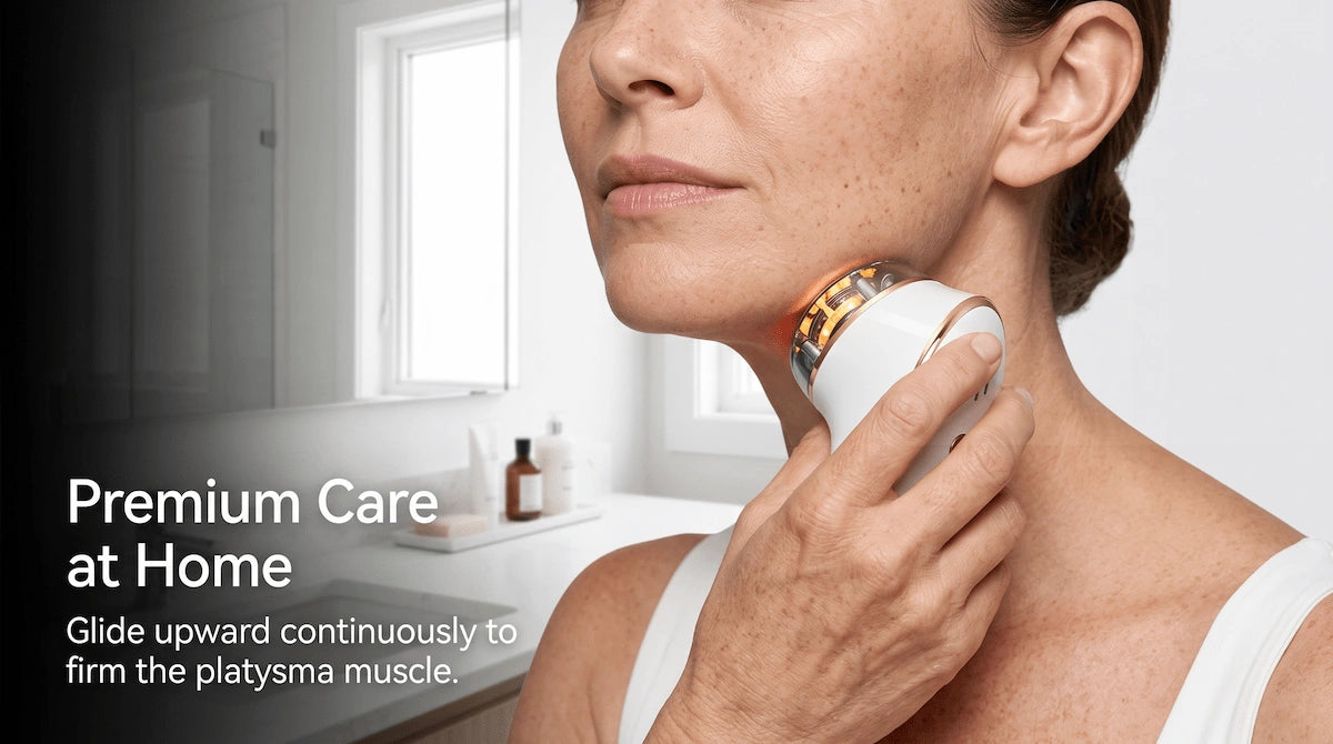 A woman correctly holding a premium 4-in-1 EMS face massager, gliding it upwards along her jawline to treat submental fullness.