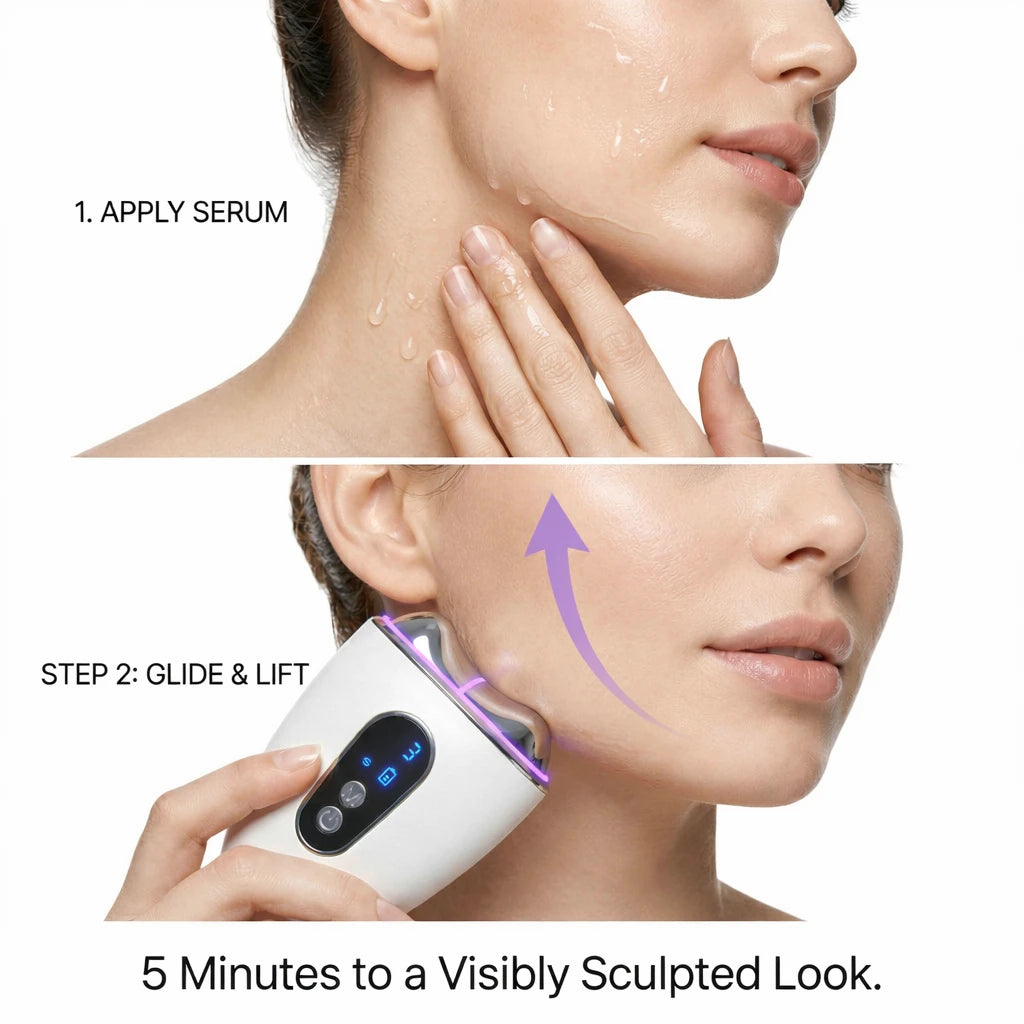 Skincare tutorial showing how to glide the Elevaure sculptor upwards along the jawline and cheekbones.