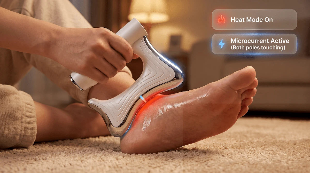 Close up of using the curved edge of an electric gua sha tool on the foot arch to relieve plantar fasciitis.
