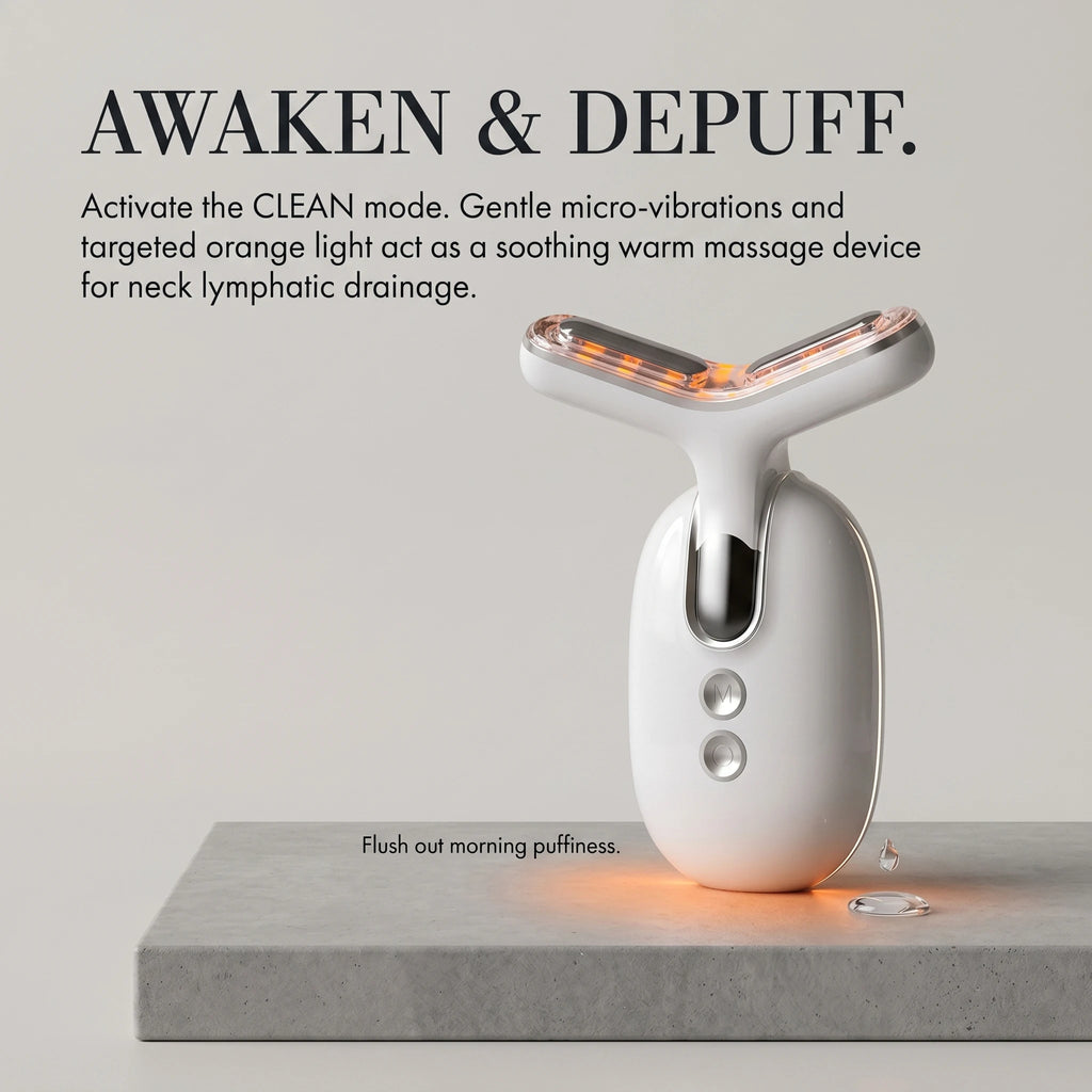 The facial device emitting a warm orange light on a concrete base, acting as a gentle massage device for neck lymphatic drainage and depuffing.