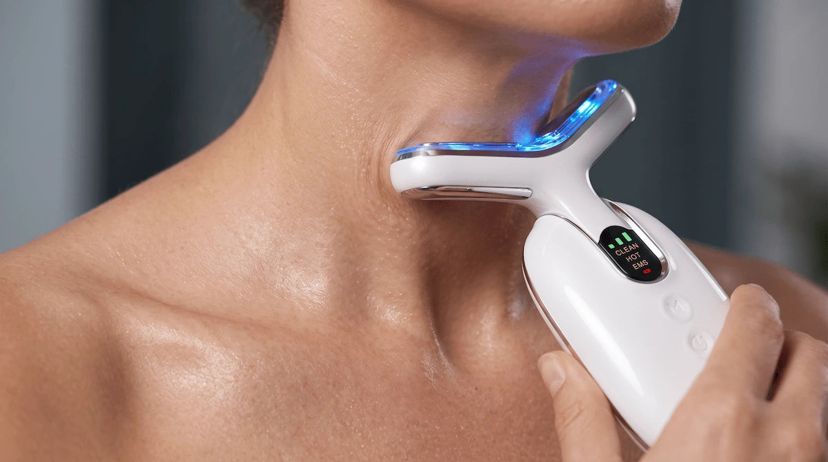 Close-up of an RF device gliding upwards along a woman's neck.