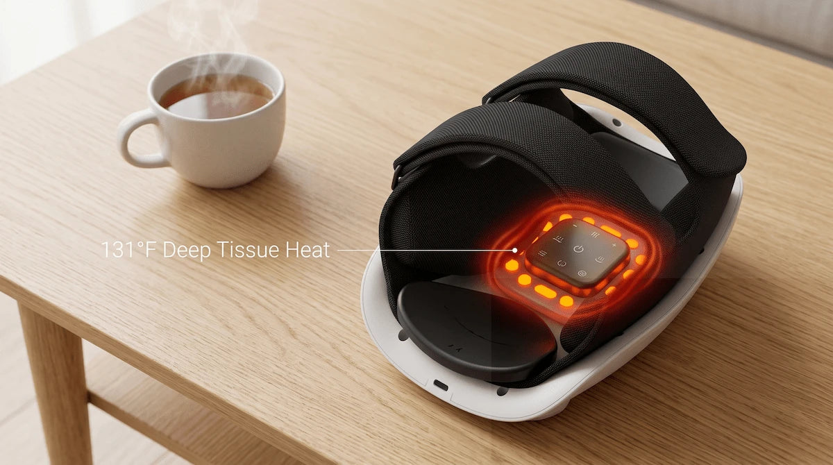 Elevaure electric knee massager demonstrating 131°F carbon fiber heat and infrared laser therapy on a coffee table.
