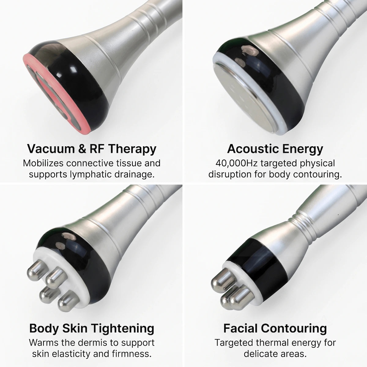 Four interchangeable probes included with the Elevaure device for vacuum, RF, and acoustic energy treatments.