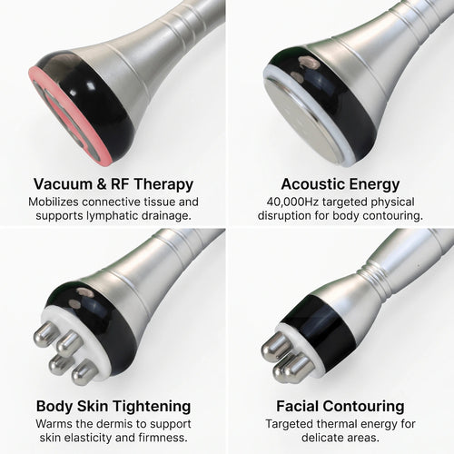 Four interchangeable probes included with the Elevaure device for vacuum, RF, and acoustic energy treatments.