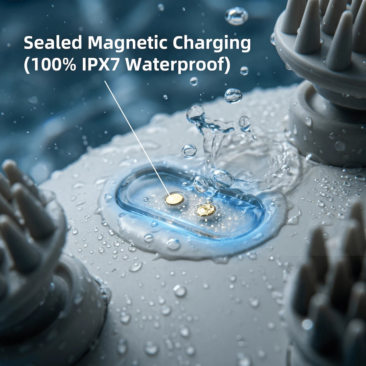 Close-up of the fully sealed, IPX7 waterproof magnetic charging port on the Elevaure electric scalp massager.