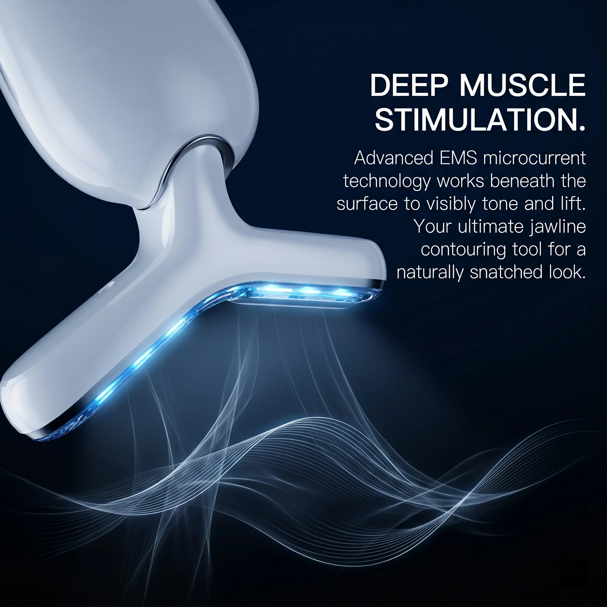 Close up showing the jawline contouring tool using EMS microcurrent technology to stimulate facial muscles for a naturally defined jawline.