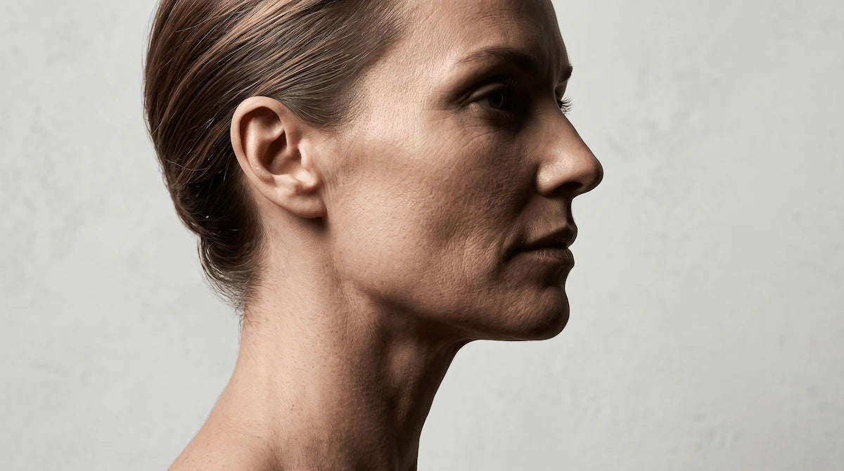 Close-up profile of a woman's jawline and neck showing natural skin texture.