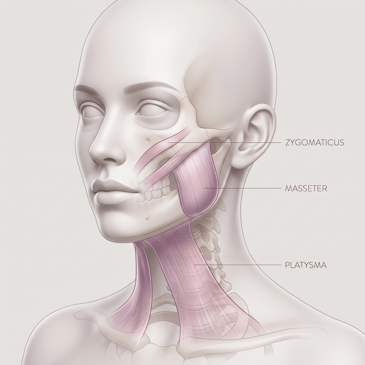 Anatomical illustration of the platysma and masseter muscles that define the human jawline.