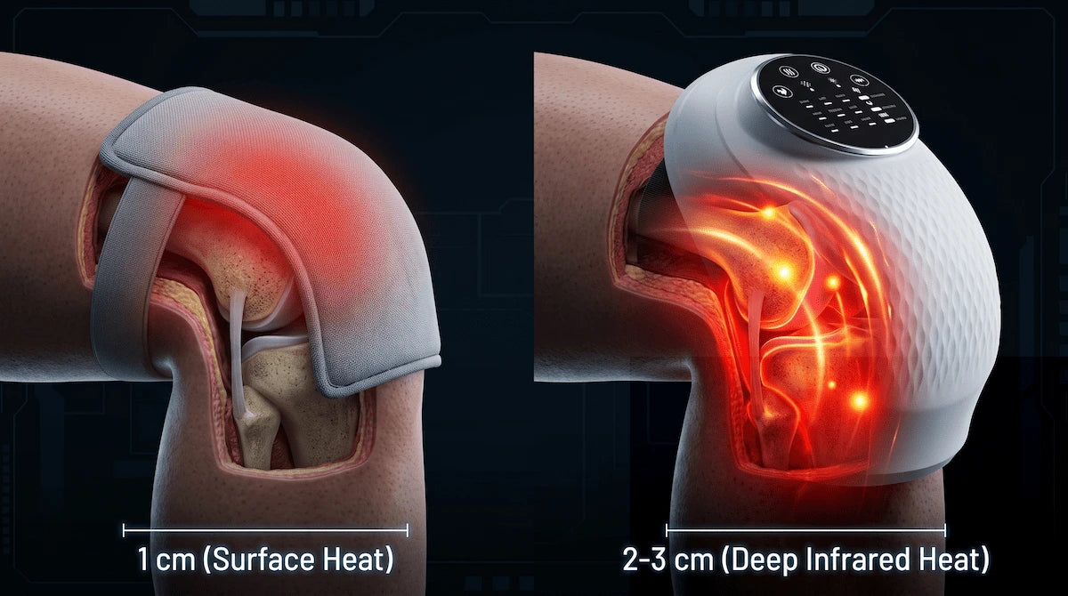 3D illustration comparing the superficial heat of a traditional pad versus the deep far-infrared penetration of a knee massager.