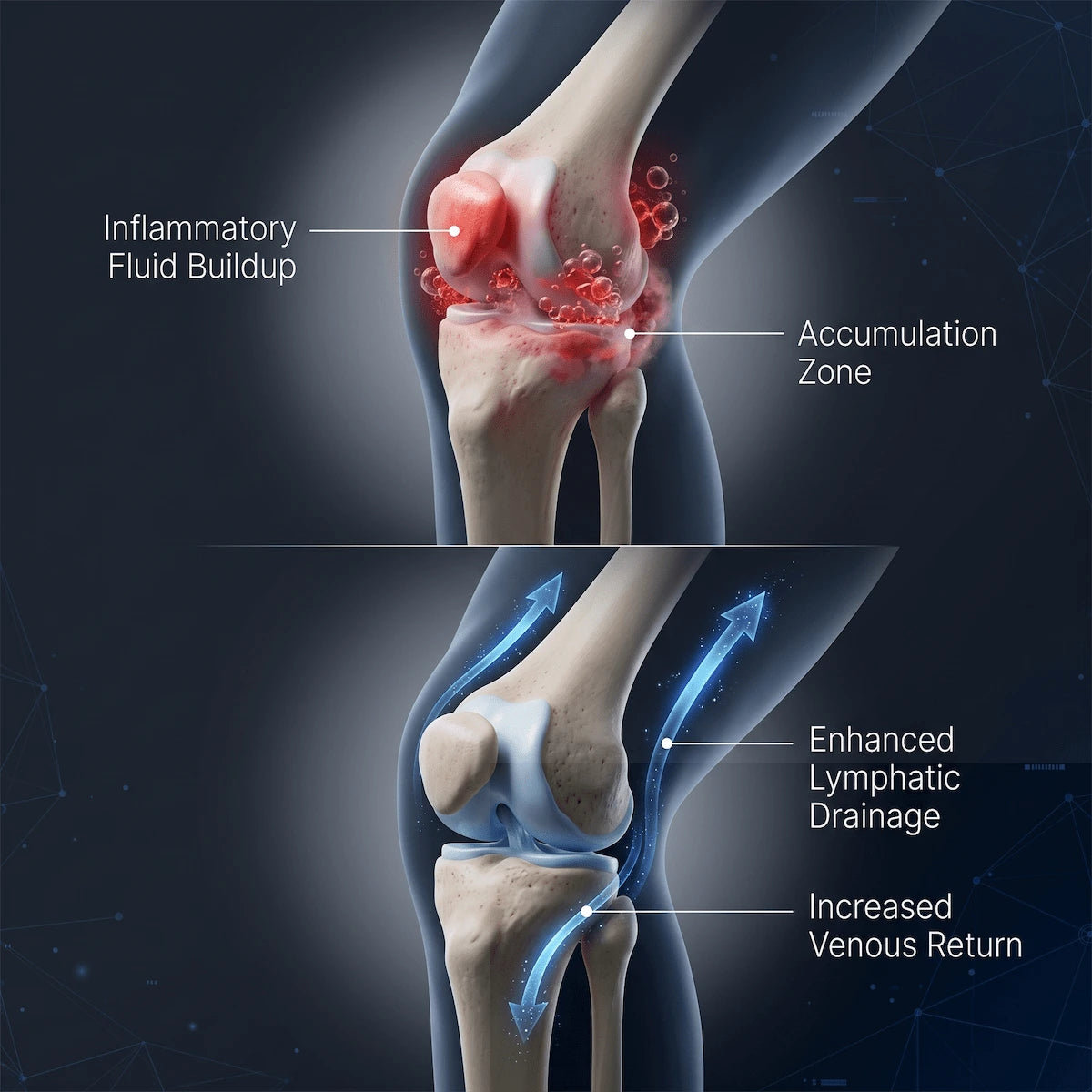 3D medical illustration showing how poor circulation and fluid buildup cause knee joint pain and swelling.