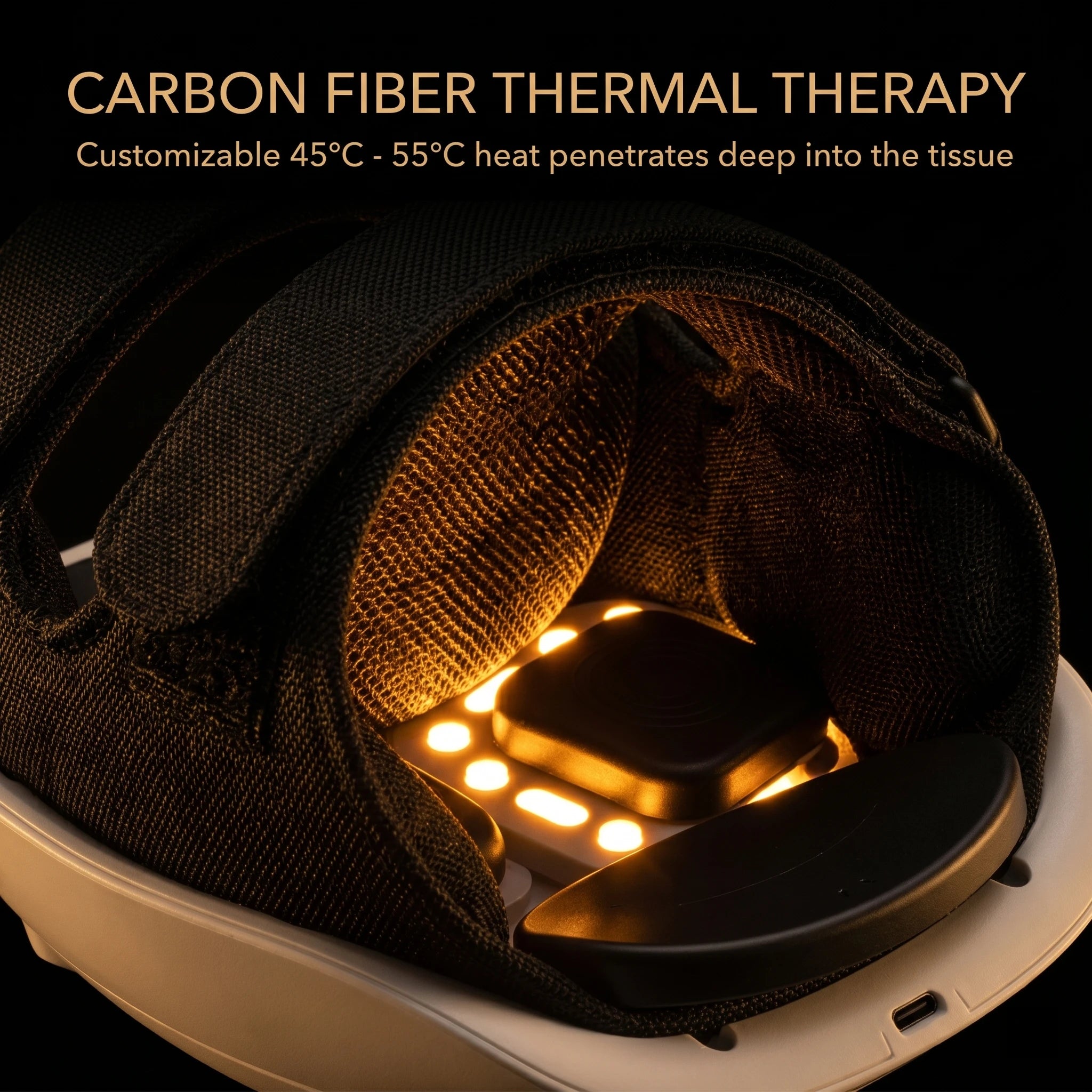 Close-up of the carbon fiber thermal elements inside the knee massager with heat and compression, acting as an effective heated joint wrap.