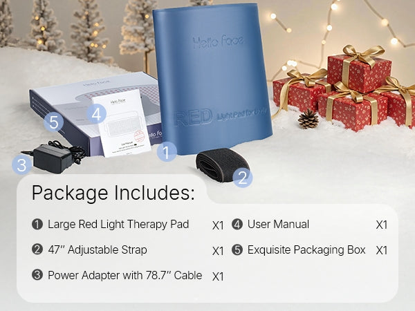 Complete package contents for the large red light therapy pad, including the 30" × 12" pad, 47-inch adjustable strap, power adapter with 78.7-inch cable, and manual.