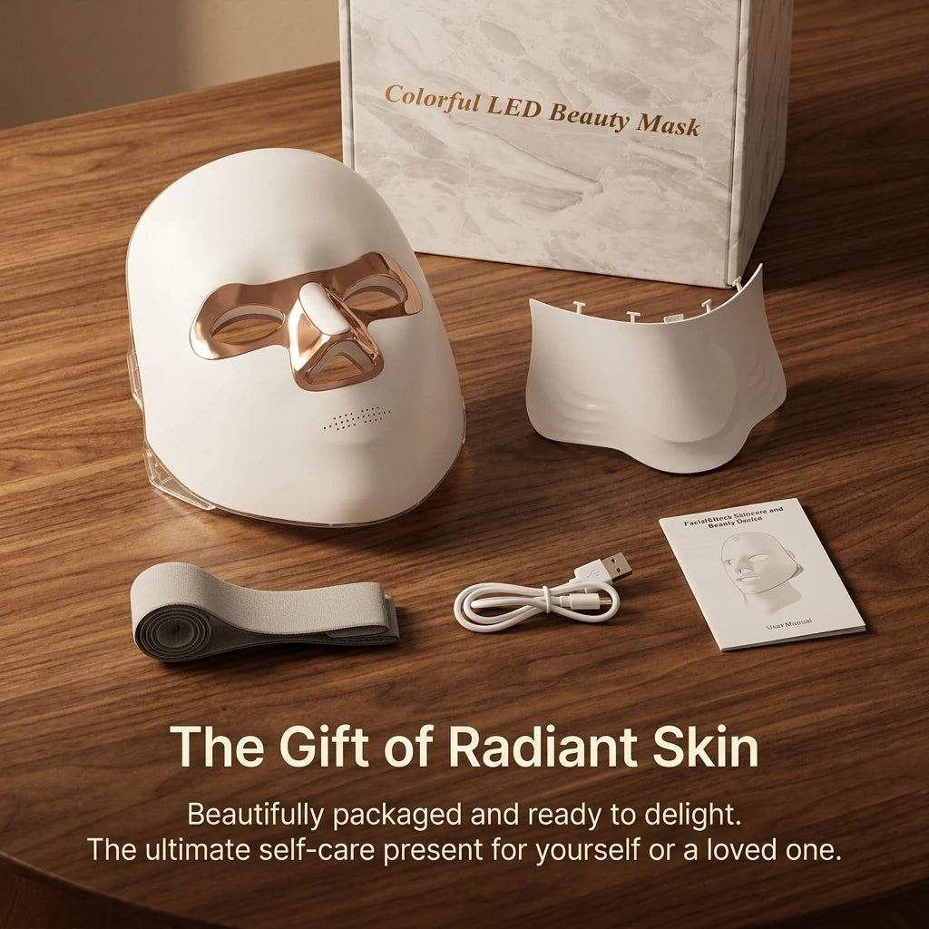 Flat lay of the complete LiteVisage LED beauty mask set on a walnut table, including the face mask, detachable neck piece, adjustable band, Type-C cable, manual, and elegant gift box.