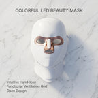 Close-up of Elevaure LED beauty mask highlighting the smart hand-icon touch control, open design ventilation grid, and medical-grade ABS material.