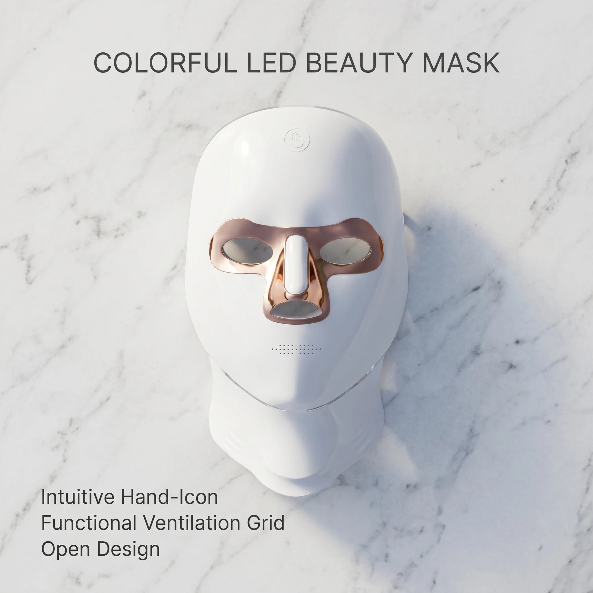 Close-up of Elevaure LED beauty mask highlighting the smart hand-icon touch control, open design ventilation grid, and medical-grade ABS material.