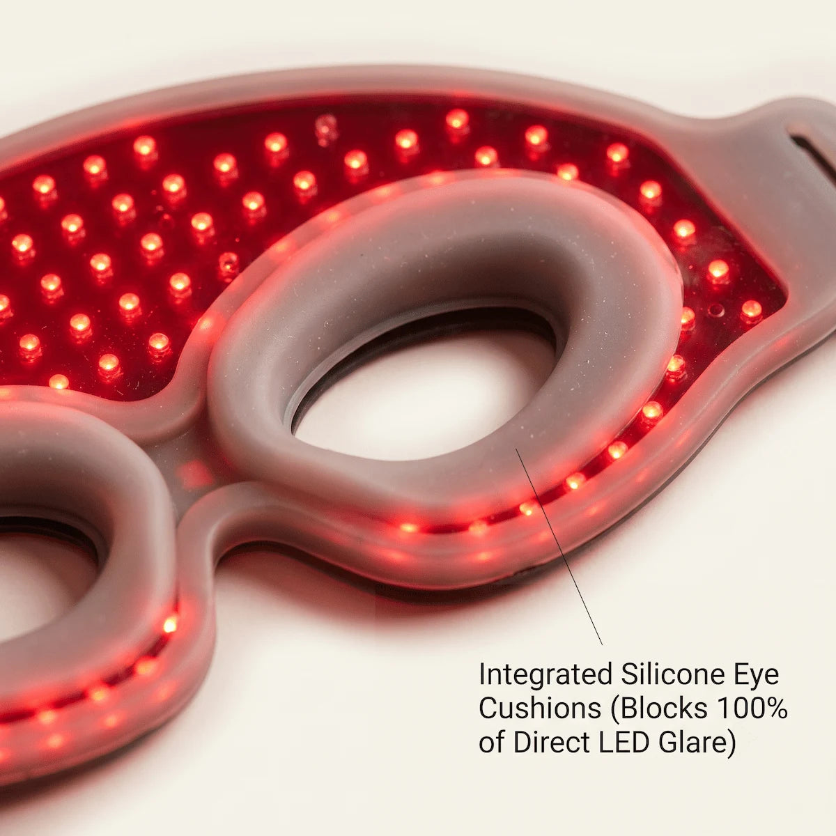 Close-up macro shot of the integrated silicone eye protection cushions on the Elevaure LED mask.