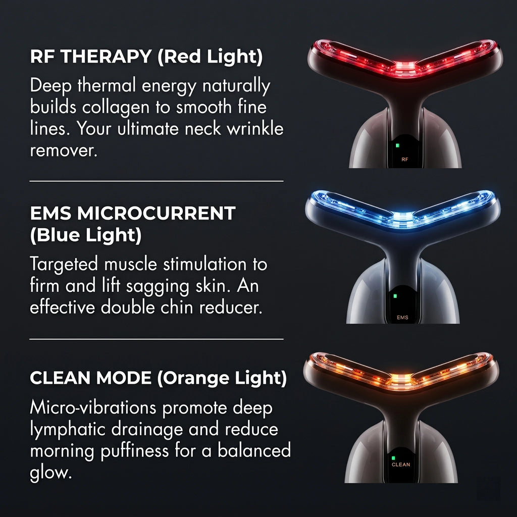 Close up of the LED light therapy neck massager highlighting the red RF, blue EMS, and orange clean modes for targeted anti aging.