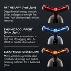 Close up of the LED light therapy neck massager highlighting the red RF, blue EMS, and orange clean modes for targeted anti aging.