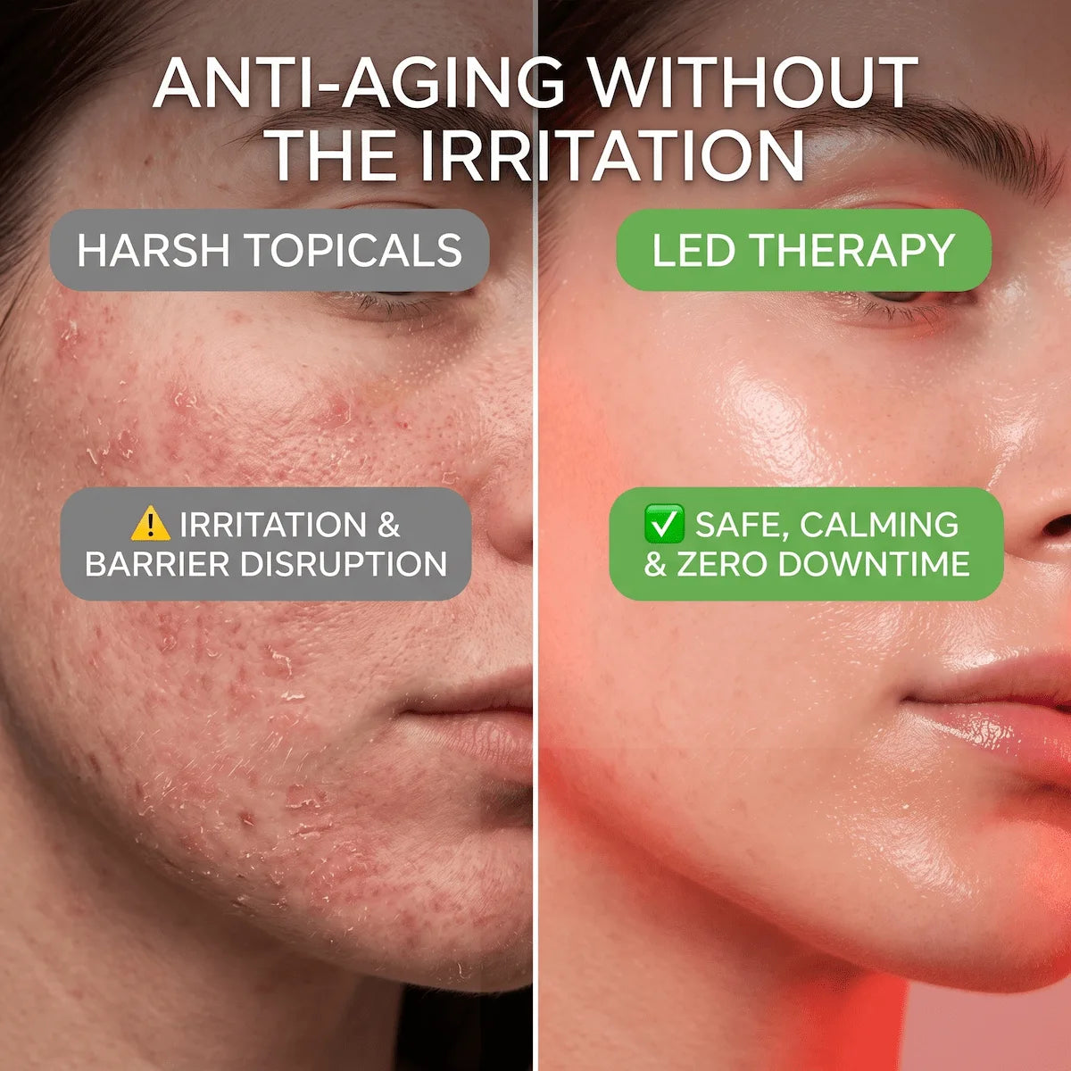 Comparison showing the calming effects of LED light therapy versus the irritation potential of harsh chemical topicals.