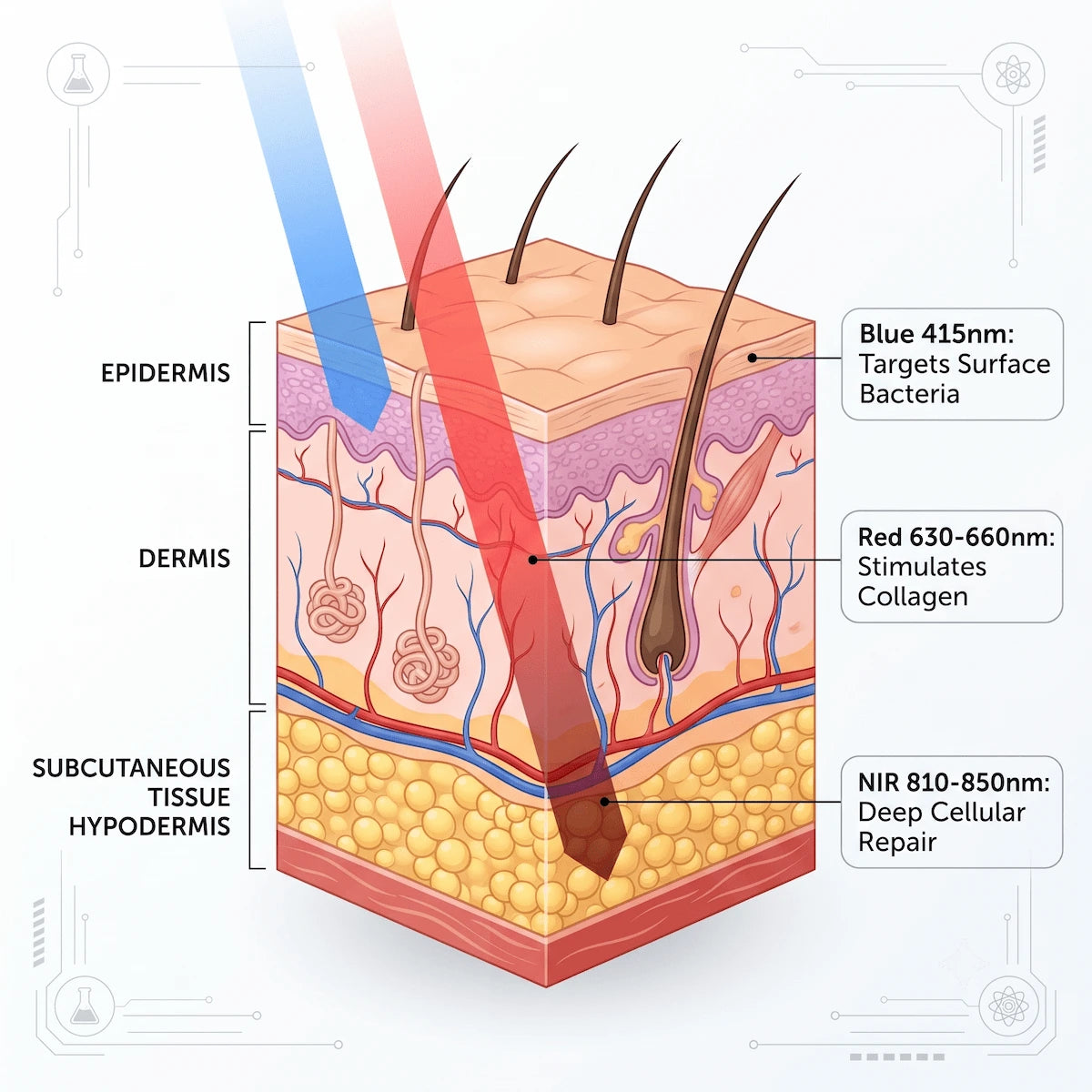 Infographic showing the skin penetration depths of blue, red, and near-infrared LED light therapy.