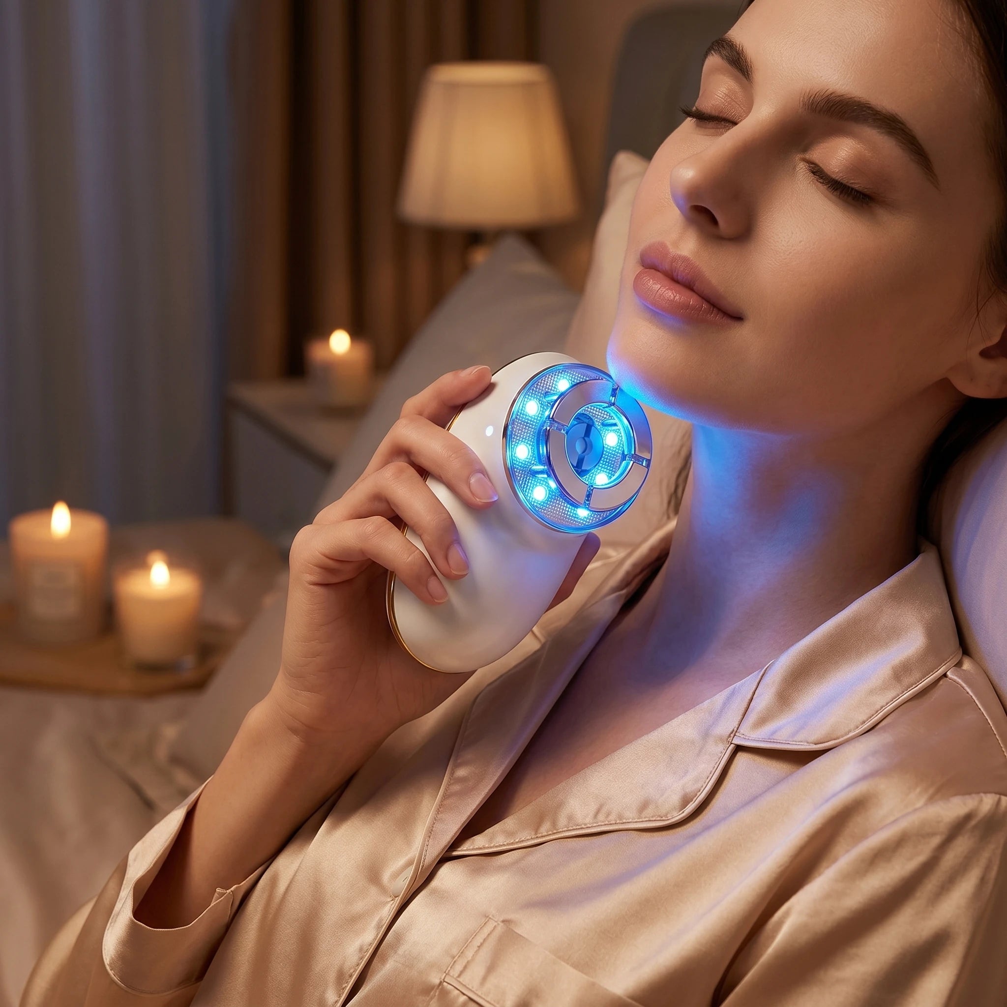 Woman enjoying her nightly skincare ritual with the glowing blue LED light therapy wand for acne and wrinkles.
