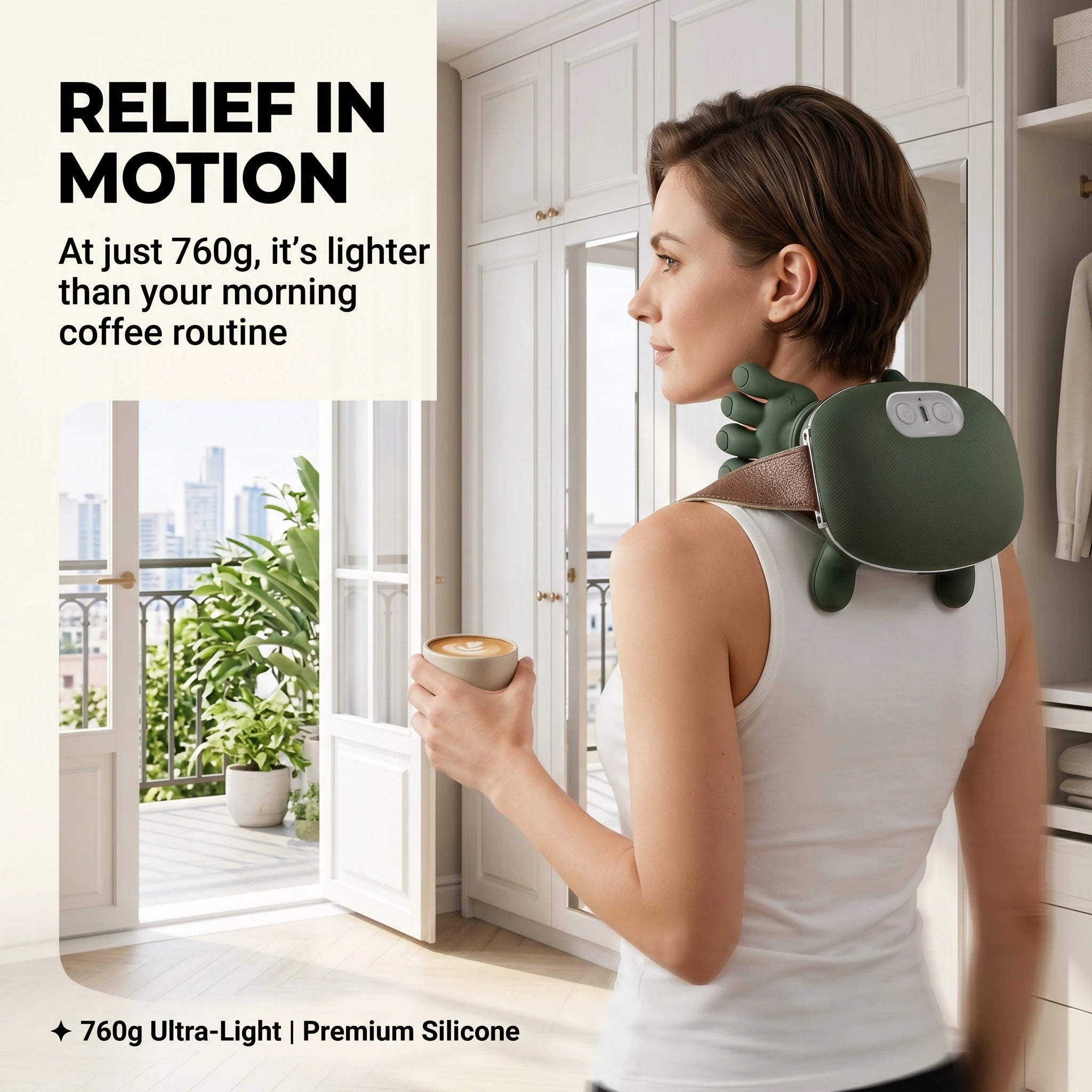 Woman enjoying her morning coffee while wearing the 760g ultra-lightweight ELEVAURE neck massager.