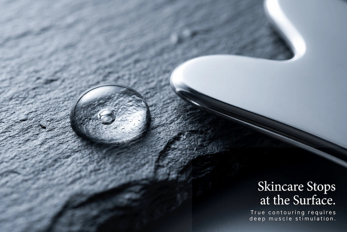 A macro shot of skincare serum droplet, illustrating the limitations of topical creams versus deep tissue microcurrent therapy.