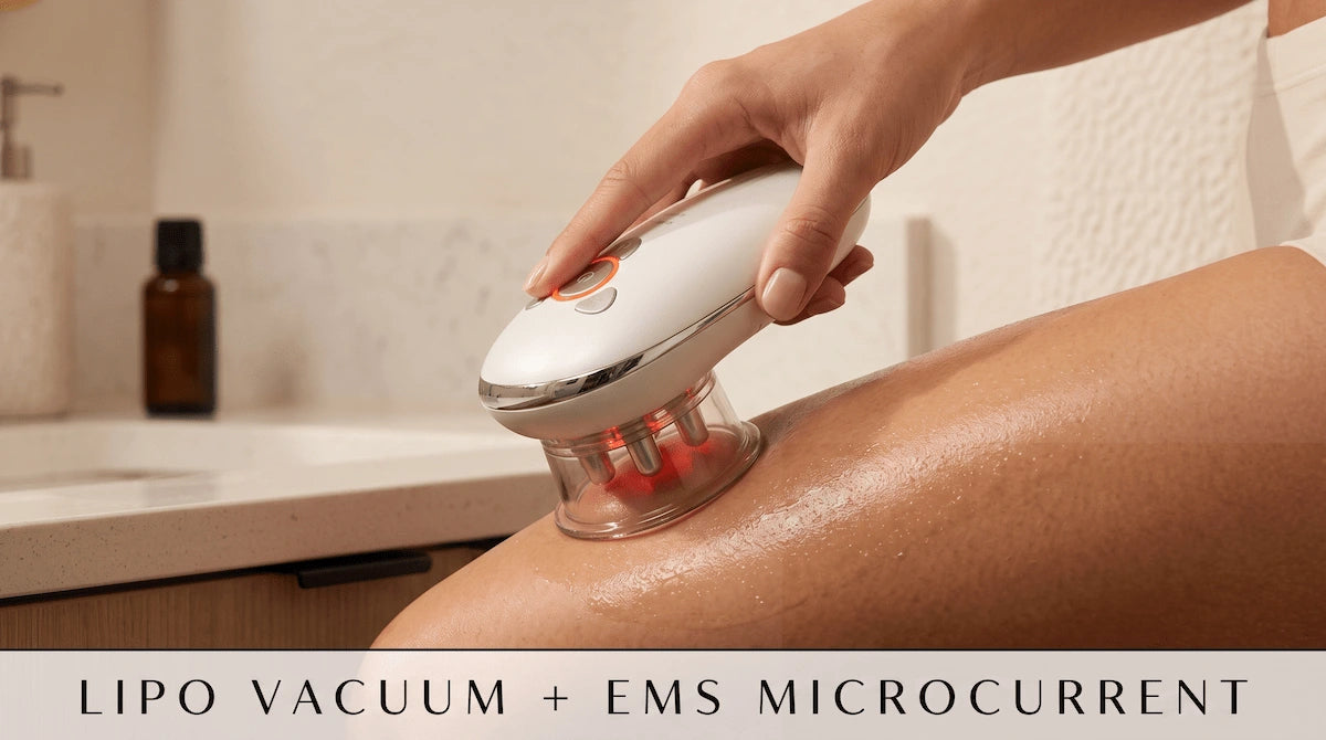 Woman using dual-action EMS and vacuum suction massager on her thigh to smooth skin.