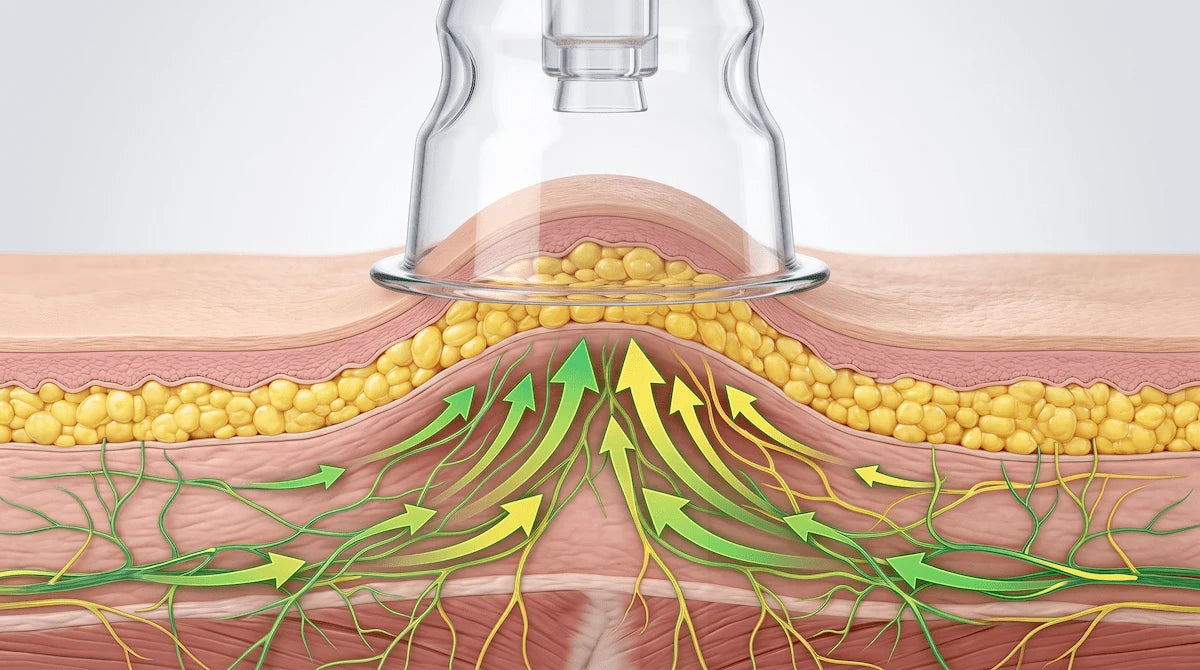 3D cross-section showing how LIPO vacuum therapy lifts subcutaneous tissue to stimulate lymphatic drainage.