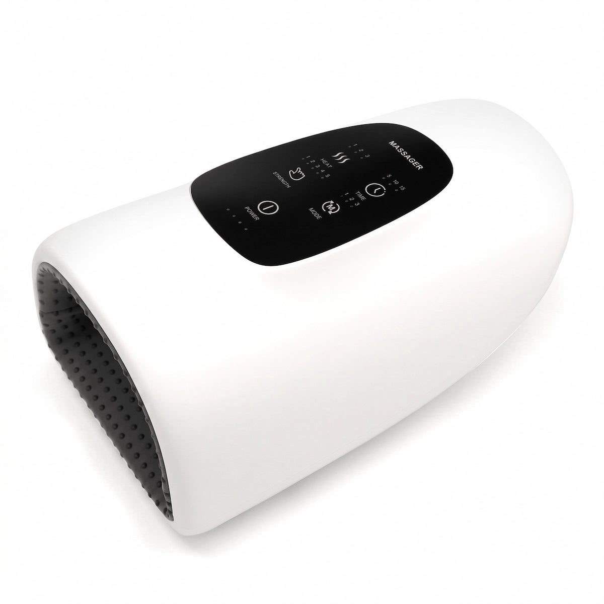 Elevaure hand massager in clinical white shown at an angle, highlighting the ergonomic rounded shell and control panel placement