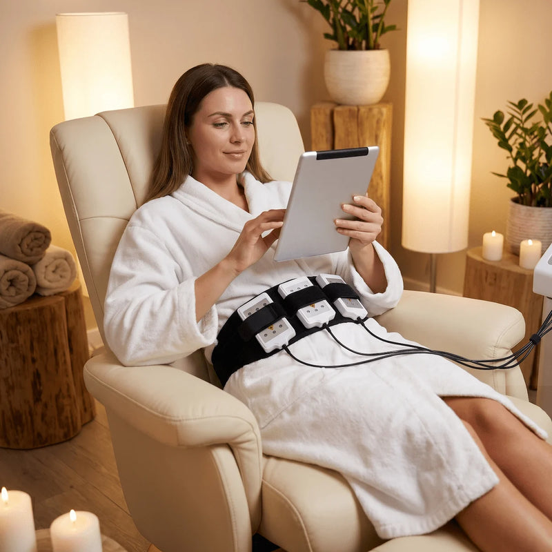 Relaxing at home with LLLT laser pads strapped to the flanks for a professional spa alternative treatment.