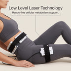 Hands-free body contouring session using LLLT laser pads secured around the flanks.