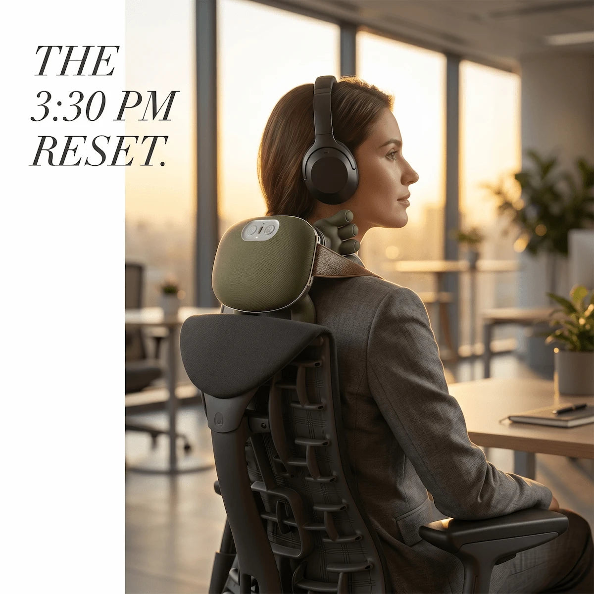 A corporate professional wearing a low-noise wearable neck massager discreetly during an interactive workplace session.