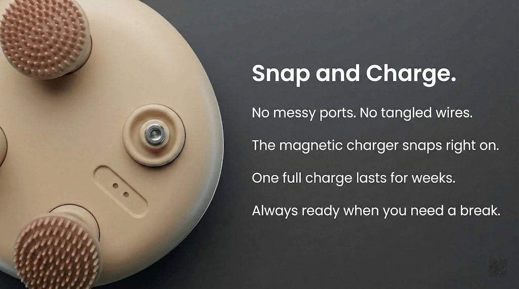 Magnetic charging port on the Elevaure smart scalp massager
