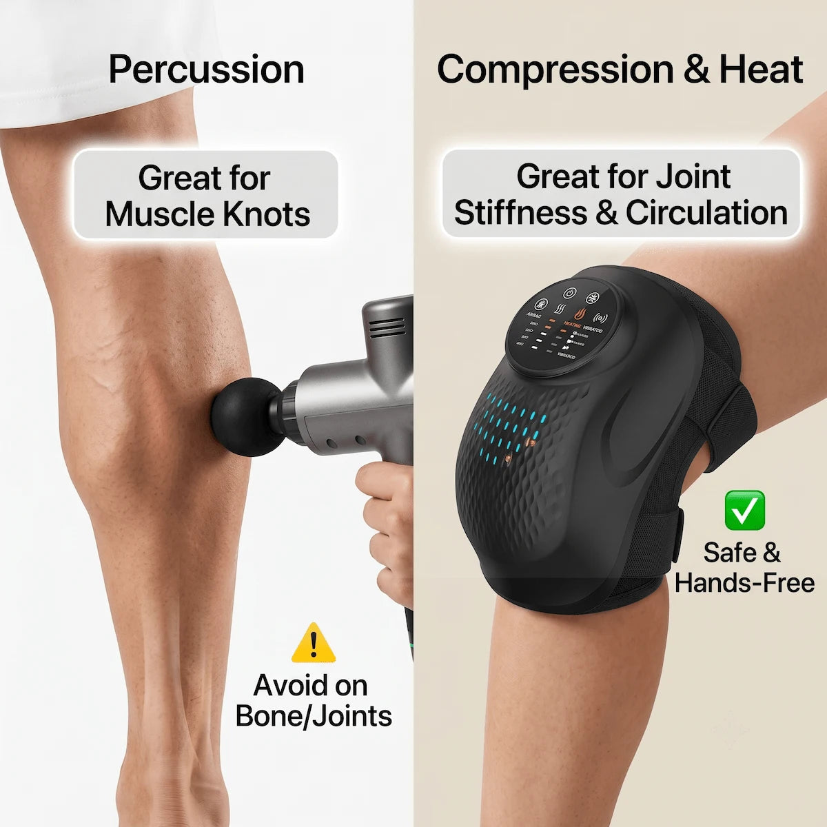Comparison chart showing a massage gun used for muscle knots versus a heated compression massager used for joint stiffness.
