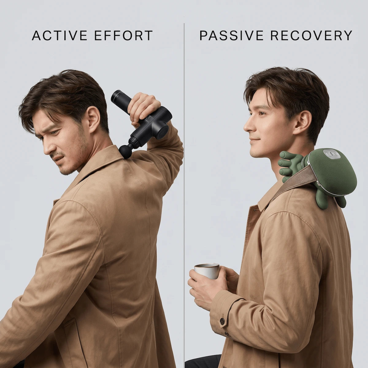 Split screen comparison showing the awkward reach of a massage gun versus the hands-free ease of an ergonomic neck massager for trapezius relief.