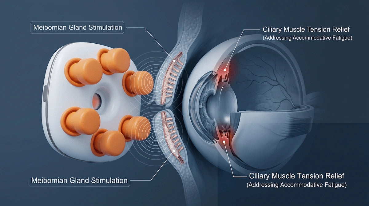 3D anatomical diagram showing how screen time causes meibomian gland dysfunction and ciliary muscle fatigue.