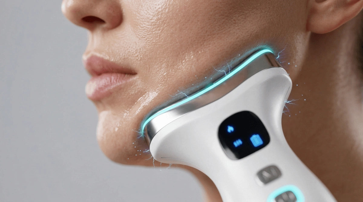 Close-up of the microcurrent EMS face massager lifting a woman's jawline, featuring cyan LED light and graphical electrical sparks illustrating the firming technology.