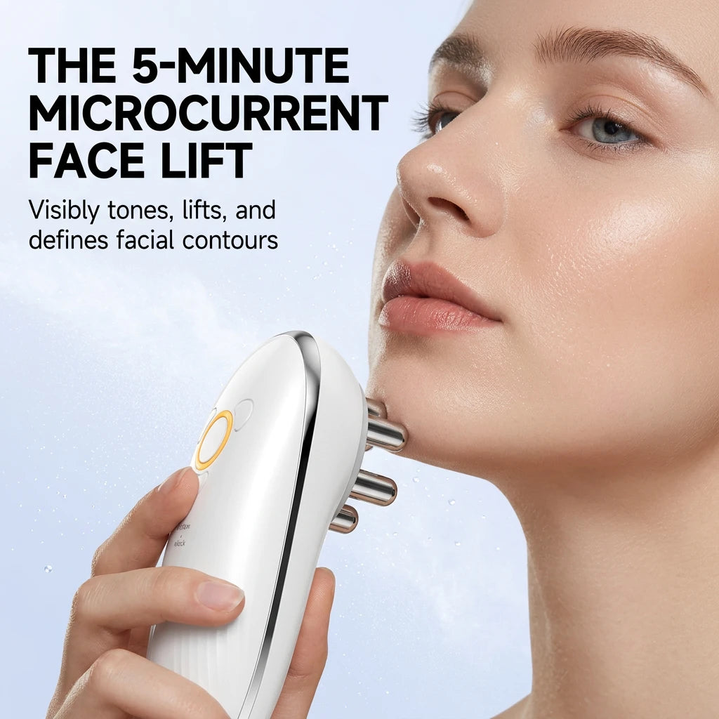 The ELEVAURE EMS face massager used without cups as a microcurrent face lift device to tone jawlines and reduce wrinkles.