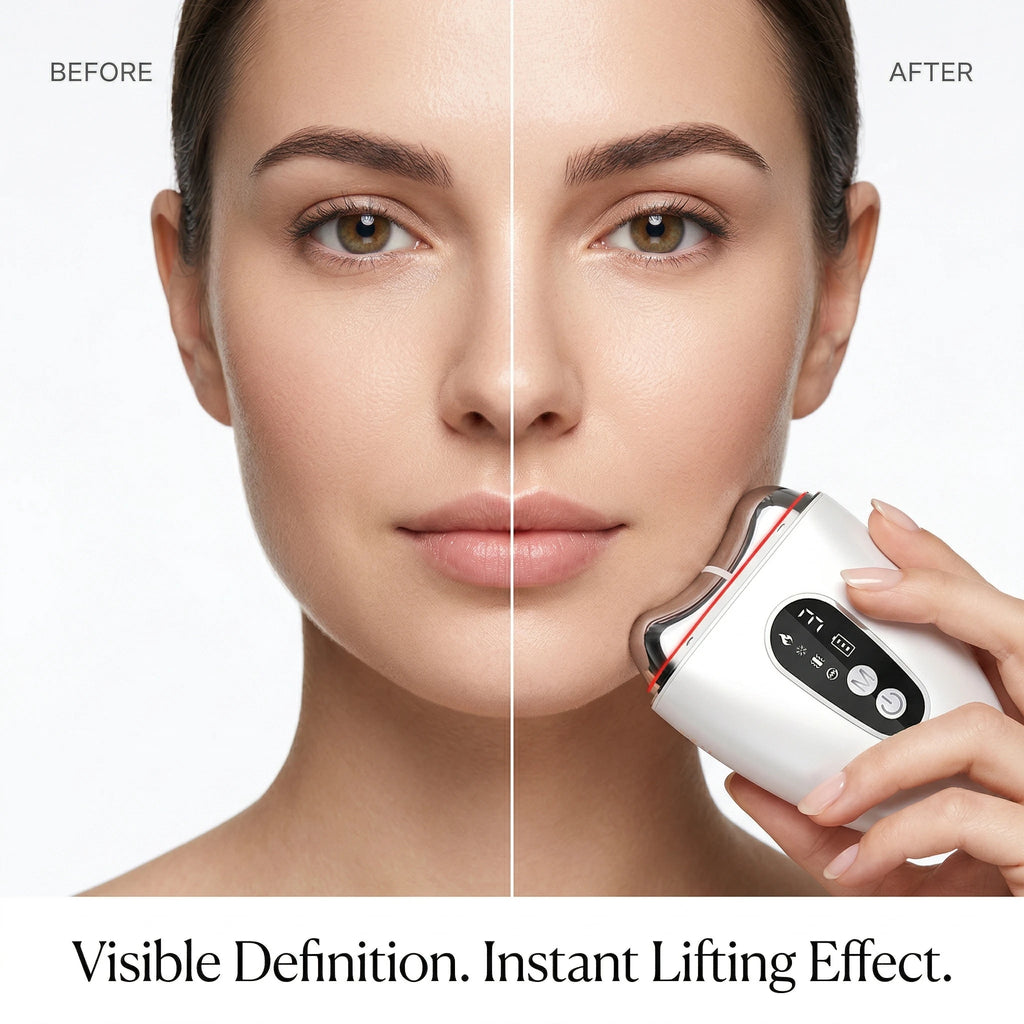 Split screen showing a woman's face with visible jawline definition and lifting effect after using the microcurrent sculptor.