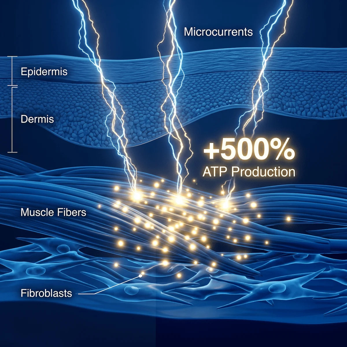 3D biological diagram showing how EMS microcurrent penetrates the skin to stimulate ATP production in fibroblasts for collagen synthesis.
