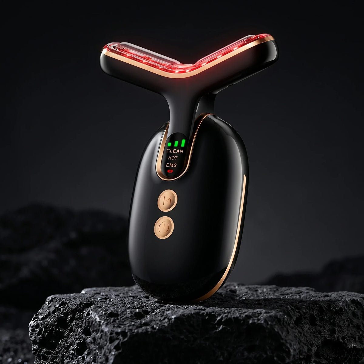 At-home neckline tightening tool in Midnight Black — ELEVAURE EMS microcurrent neck care device.