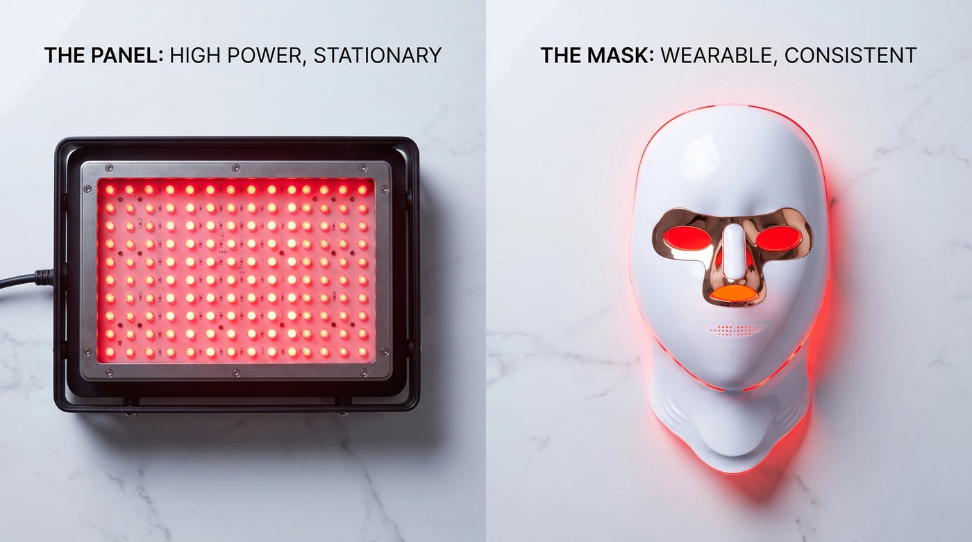 Professional flat lay photography of a heavy industrial-style deep red light therapy panel next to a sleek white Elevaure LED mask with its detachable neck piece.